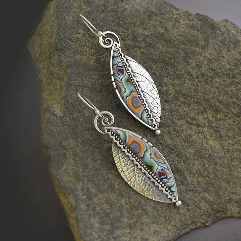 2pcs Vintage Bohemian Leaf Earrings Set — Turquoise Imitation